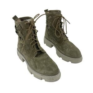 Alpe Alma Green Leather Suede Lattice Combat Biker Boots Size 8 Women's Preowned